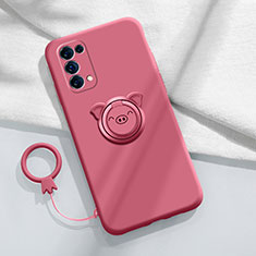 Funda Silicona Carcasa Ultrafina Goma con Magnetico Anillo de dedo Soporte para Oppo Reno5 Pro 5G Rojo Rosa