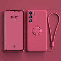 Funda Silicona Carcasa Ultrafina Goma con Magnetico Anillo de dedo Soporte para Oppo Reno6 Pro 5G India Rosa Roja