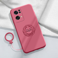 Funda Silicona Carcasa Ultrafina Goma con Magnetico Anillo de dedo Soporte para Oppo Reno7 Pro 5G Rosa Roja