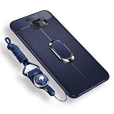 Funda Silicona Carcasa Ultrafina Goma con Magnetico Anillo de dedo Soporte para Samsung Galaxy C9 Pro C9000 Azul