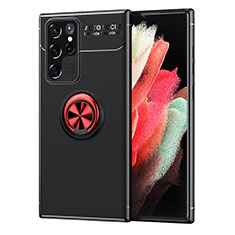 Funda Silicona Carcasa Ultrafina Goma con Magnetico Anillo de dedo Soporte para Samsung Galaxy S22 Ultra 5G Rojo y Negro