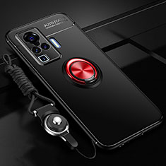 Funda Silicona Carcasa Ultrafina Goma con Magnetico Anillo de dedo Soporte para Vivo X50 Pro 5G Rojo y Negro