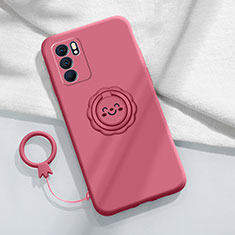 Funda Silicona Carcasa Ultrafina Goma con Magnetico Anillo de dedo Soporte S02 para Oppo Reno6 Pro 5G India Rosa Roja