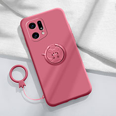 Funda Silicona Carcasa Ultrafina Goma con Magnetico Anillo de dedo Soporte S03 para Oppo Find X5 Pro 5G Rosa Roja