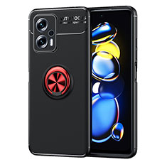 Funda Silicona Carcasa Ultrafina Goma con Magnetico Anillo de dedo Soporte SD1 para Xiaomi Redmi Note 11T Pro 5G Rojo y Negro