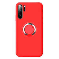 Funda Silicona Carcasa Ultrafina Goma con Magnetico Anillo de dedo Soporte T02 para Huawei P30 Pro New Edition Rojo