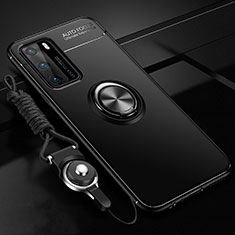 Funda Silicona Carcasa Ultrafina Goma con Magnetico Anillo de dedo Soporte T02 para Huawei P40 Negro