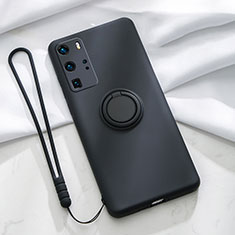 Funda Silicona Carcasa Ultrafina Goma con Magnetico Anillo de dedo Soporte T02 para Huawei P40 Pro Negro