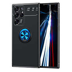 Funda Silicona Carcasa Ultrafina Goma con Magnetico Anillo de dedo Soporte T02 para Samsung Galaxy S22 Ultra 5G Azul y Negro