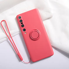 Funda Silicona Carcasa Ultrafina Goma con Magnetico Anillo de dedo Soporte T02 para Xiaomi Mi 10 Pro Rojo