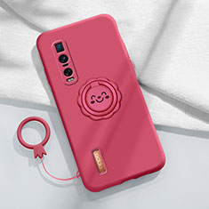 Funda Silicona Carcasa Ultrafina Goma con Magnetico Anillo de dedo Soporte T03 para Oppo Find X2 Pro Rojo Rosa