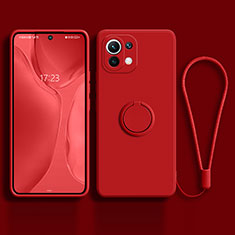 Funda Silicona Carcasa Ultrafina Goma con Magnetico Anillo de dedo Soporte T03 para Xiaomi Mi 11 Lite 4G Rojo
