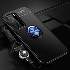 Funda Silicona Carcasa Ultrafina Goma con Magnetico Anillo de dedo Soporte T04 para Huawei P40 Pro Azul y Negro
