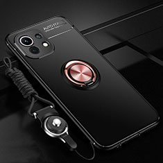 Funda Silicona Carcasa Ultrafina Goma con Magnetico Anillo de dedo Soporte T05 para Xiaomi Mi 11 Lite 4G Oro y Negro