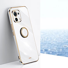 Funda Silicona Carcasa Ultrafina Goma con Magnetico Anillo de dedo Soporte T07 para Xiaomi Mi 11 Lite 4G Blanco