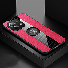 Funda Silicona Carcasa Ultrafina Goma con Magnetico Anillo de dedo Soporte T08 para Xiaomi Mi 11 5G Rojo