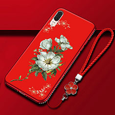 Funda Silicona Gel Goma Flores Carcasa K03 para Huawei P20 Rojo