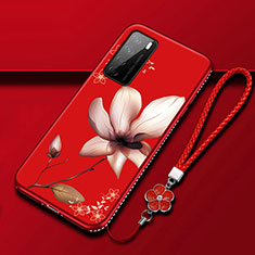Funda Silicona Gel Goma Flores Carcasa para Huawei Honor Play4 5G Rojo Rosa
