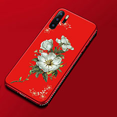 Funda Silicona Gel Goma Flores Carcasa para Huawei P30 Pro Rojo Rosa