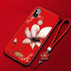 Funda Silicona Gel Goma Flores Carcasa para Xiaomi Redmi 6 Pro Rojo