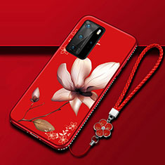 Funda Silicona Gel Goma Flores Carcasa S01 para Huawei P40 Pro Rojo Rosa