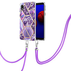 Funda Silicona Gel Goma Patron de Moda Carcasa con Acollador Cordon Lanyard Y01B para Samsung Galaxy A01 Core Morado