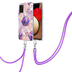 Funda Silicona Gel Goma Patron de Moda Carcasa con Acollador Cordon Lanyard Y01B para Samsung Galaxy A03s Purpura Claro