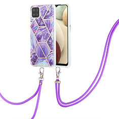 Funda Silicona Gel Goma Patron de Moda Carcasa con Acollador Cordon Lanyard Y01B para Samsung Galaxy A12 Nacho Morado