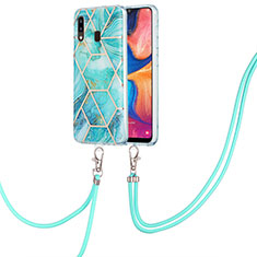 Funda Silicona Gel Goma Patron de Moda Carcasa con Acollador Cordon Lanyard Y01B para Samsung Galaxy A20 Menta Verde