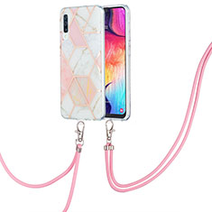 Funda Silicona Gel Goma Patron de Moda Carcasa con Acollador Cordon Lanyard Y01B para Samsung Galaxy A50 Rosa