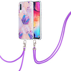 Funda Silicona Gel Goma Patron de Moda Carcasa con Acollador Cordon Lanyard Y01B para Samsung Galaxy A50S Purpura Claro