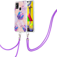 Funda Silicona Gel Goma Patron de Moda Carcasa con Acollador Cordon Lanyard Y01B para Samsung Galaxy M21s Purpura Claro