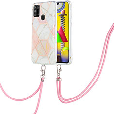 Funda Silicona Gel Goma Patron de Moda Carcasa con Acollador Cordon Lanyard Y01B para Samsung Galaxy M21s Rosa