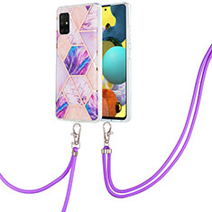 Funda Silicona Gel Goma Patron de Moda Carcasa con Acollador Cordon Lanyard Y01B para Samsung Galaxy M40S Purpura Claro