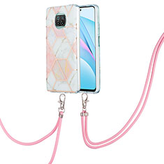 Funda Silicona Gel Goma Patron de Moda Carcasa con Acollador Cordon Lanyard Y01B para Xiaomi Mi 10i 5G Rosa