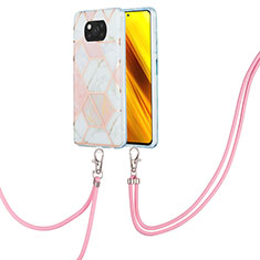 Funda Silicona Gel Goma Patron de Moda Carcasa con Acollador Cordon Lanyard Y01B para Xiaomi Poco X3 NFC Rosa