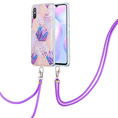 Funda Silicona Gel Goma Patron de Moda Carcasa con Acollador Cordon Lanyard Y01B para Xiaomi Redmi 9i Purpura Claro