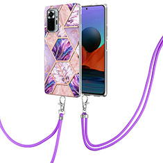 Funda Silicona Gel Goma Patron de Moda Carcasa con Acollador Cordon Lanyard Y01B para Xiaomi Redmi Note 10 Pro 4G Purpura Claro