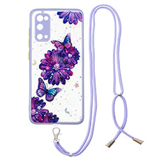 Funda Silicona Gel Goma Patron de Moda Carcasa con Acollador Cordon Lanyard Y01X para Samsung Galaxy S20 5G Morado