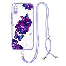 Funda Silicona Gel Goma Patron de Moda Carcasa con Acollador Cordon Lanyard Y01X para Xiaomi Redmi 9AT Morado