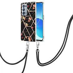 Funda Silicona Gel Goma Patron de Moda Carcasa con Acollador Cordon Lanyard Y02B para Oppo Reno6 Pro+ Plus 5G Negro