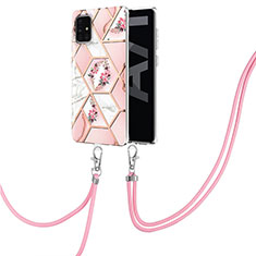 Funda Silicona Gel Goma Patron de Moda Carcasa con Acollador Cordon Lanyard Y02B para Samsung Galaxy A71 5G Rosa