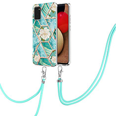 Funda Silicona Gel Goma Patron de Moda Carcasa con Acollador Cordon Lanyard Y02B para Samsung Galaxy F02S SM-E025F Verde