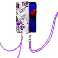 Funda Silicona Gel Goma Patron de Moda Carcasa con Acollador Cordon Lanyard Y03B para Samsung Galaxy A01 Core Morado