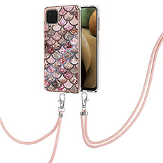 Funda Silicona Gel Goma Patron de Moda Carcasa con Acollador Cordon Lanyard Y03B para Samsung Galaxy F12 Marron