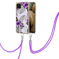 Funda Silicona Gel Goma Patron de Moda Carcasa con Acollador Cordon Lanyard Y03B para Samsung Galaxy F12 Morado