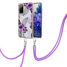 Funda Silicona Gel Goma Patron de Moda Carcasa con Acollador Cordon Lanyard Y03B para Samsung Galaxy S20 FE (2022) 5G Morado