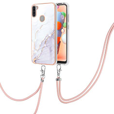 Funda Silicona Gel Goma Patron de Moda Carcasa con Acollador Cordon Lanyard Y05B para Samsung Galaxy A11 Blanco