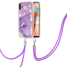 Funda Silicona Gel Goma Patron de Moda Carcasa con Acollador Cordon Lanyard Y05B para Samsung Galaxy M11 Morado