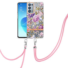 Funda Silicona Gel Goma Patron de Moda Carcasa con Acollador Cordon Lanyard Y06B para Oppo Reno6 Pro+ Plus 5G Purpura Claro